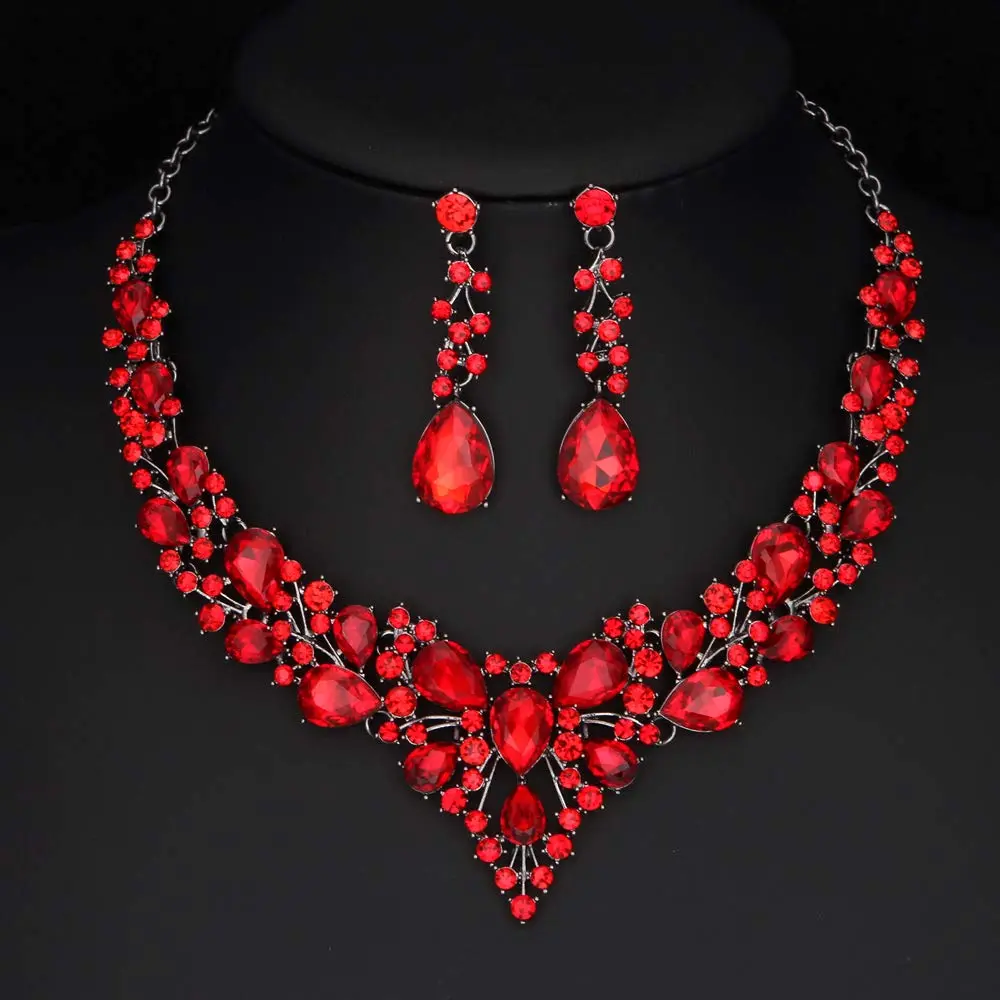 Molie Bridal Austrian Crystal Necklace and Earrings Jewelry Set 4Pcs/Set-Red-Black tone | Wedding Gift - view 2