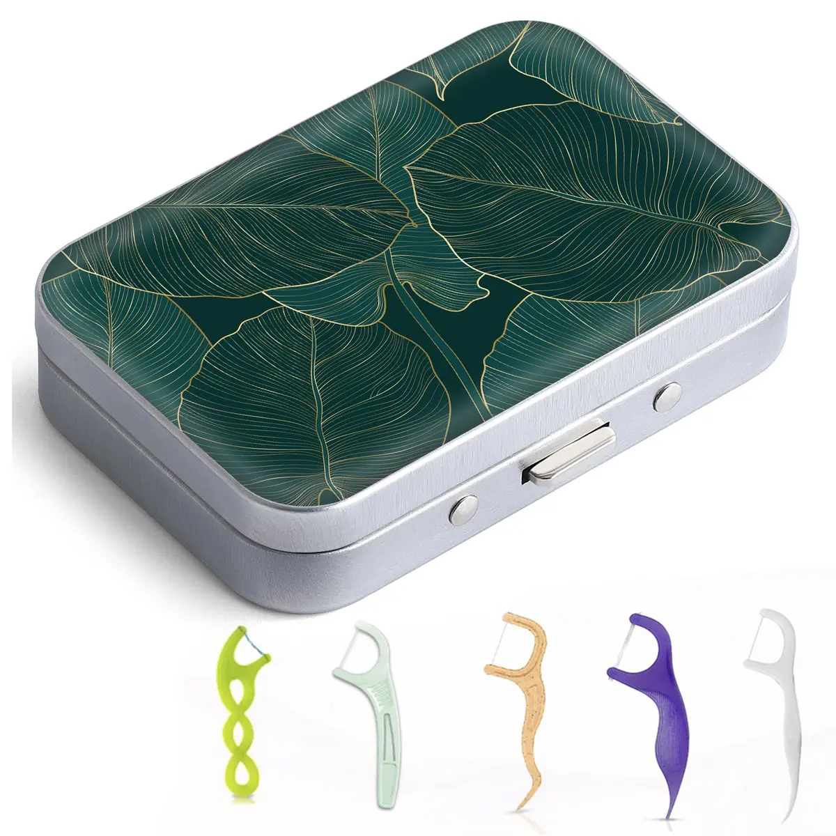 Gerkia Dental Floss Portable Case, Easy to Store Floss Picks of Various Sizes, Portable Dental Floss Dispenser is Perfect for Travelling, Hotels, Dinners, Appointments.Emerald Green Leaf | Compact Travel Organizer - main product image