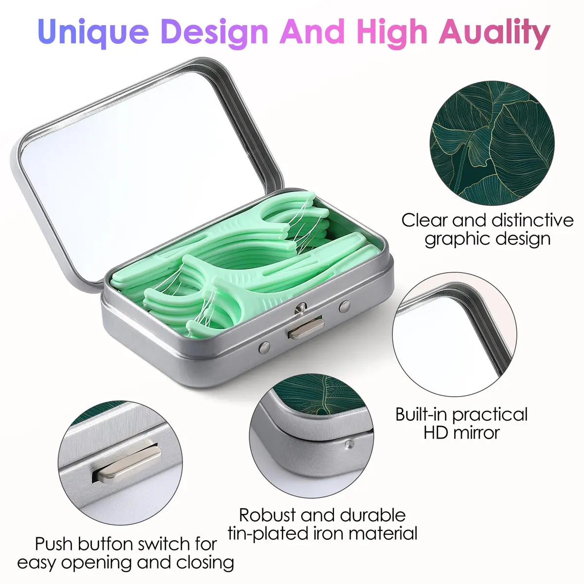 Gerkia Dental Floss Portable Case, Easy to Store Floss Picks of Various Sizes, Portable Dental Floss Dispenser is Perfect for Travelling, Hotels, Dinners, Appointments.Emerald Green Leaf | Compact Travel Organizer - view 3