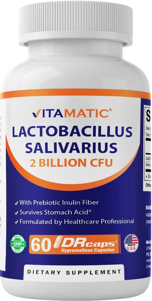 Vitamatic Lactobacillus Salivarius 2 Billion per Capsule | Digestive Support with Prebiotic Fiber (60 Count) - main product image