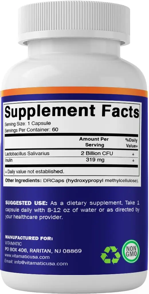 Vitamatic Lactobacillus Salivarius 2 Billion per Capsule | Digestive Support with Prebiotic Fiber (60 Count) - view 8