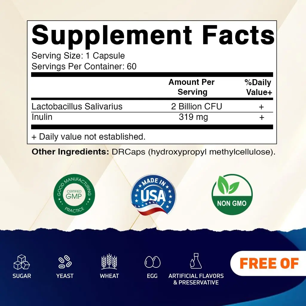 Vitamatic Lactobacillus Salivarius 2 Billion per Capsule | Digestive Support with Prebiotic Fiber (60 Count) - view 2