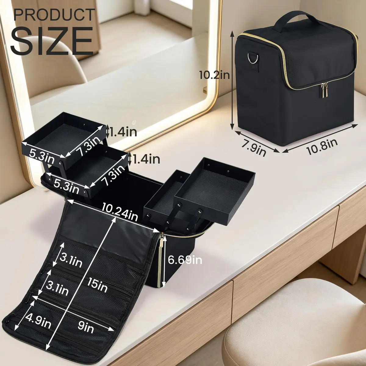 Yueieoun Large Travel Makeup Train Case, 4 Tier Cosmetic Organizer, Black | Professional Makeup & Nail Art Storage - view 6