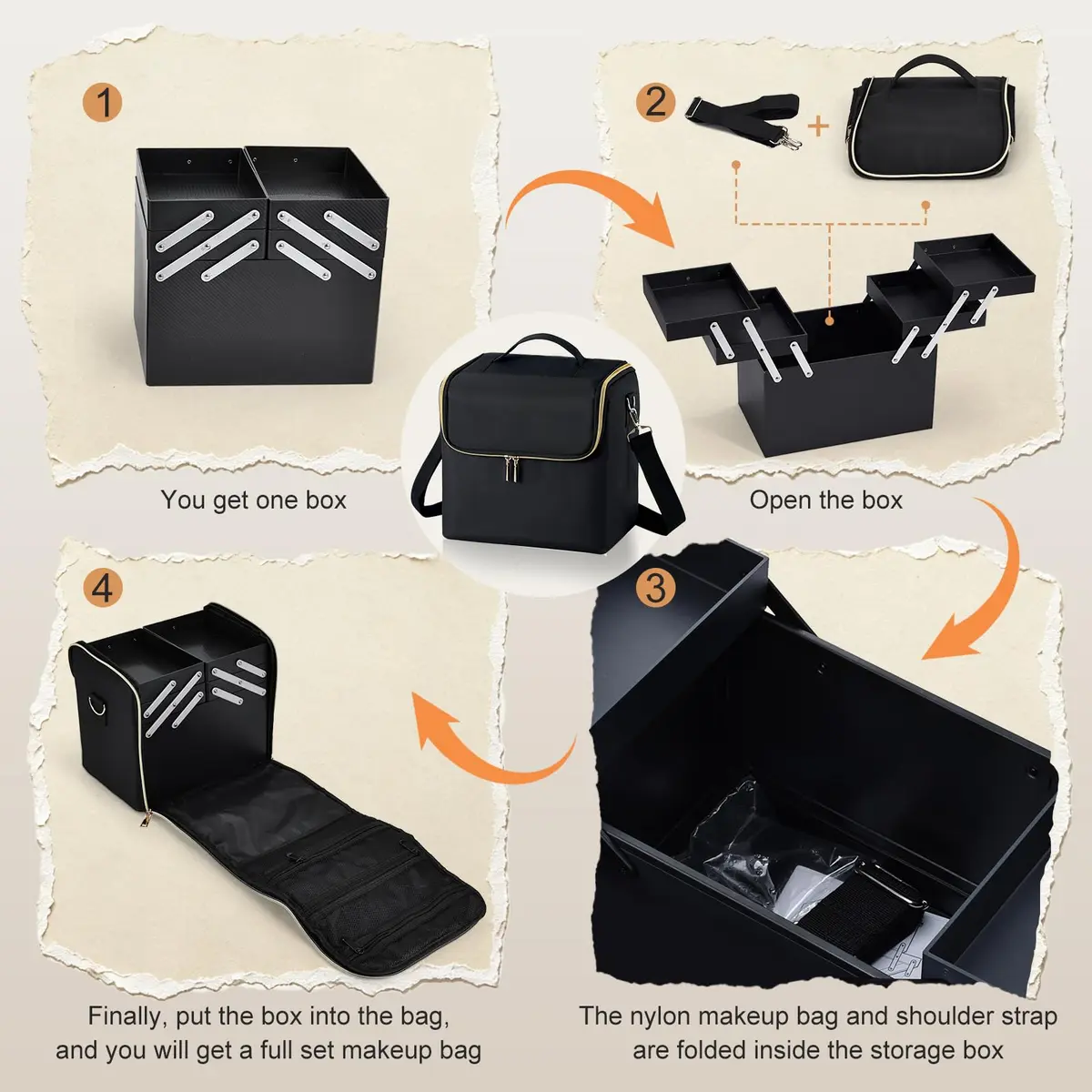 Yueieoun Large Travel Makeup Train Case, 4 Tier Cosmetic Organizer, Black | Professional Makeup & Nail Art Storage - view 7