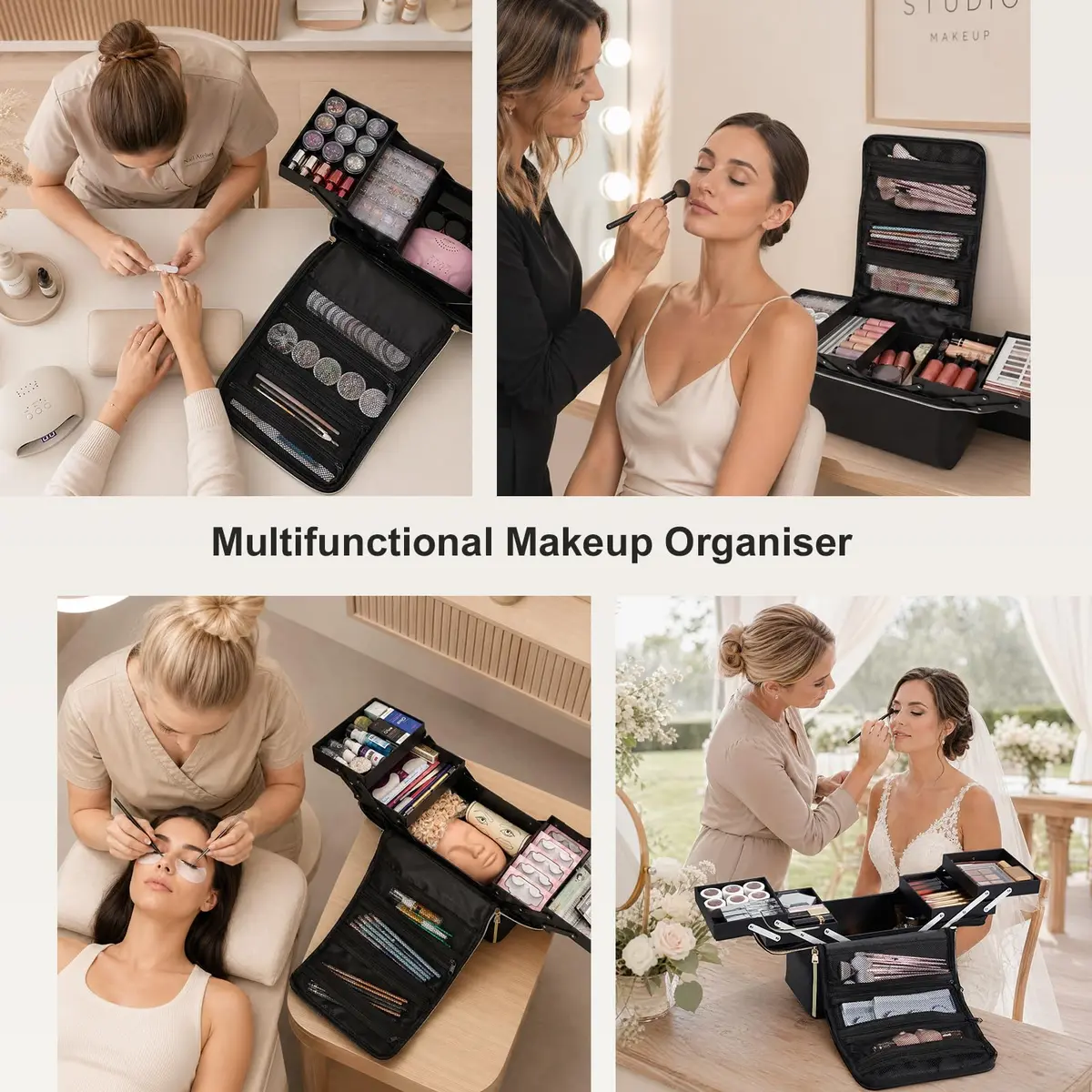 Yueieoun Large Travel Makeup Train Case, 4 Tier Cosmetic Organizer, Black | Professional Makeup & Nail Art Storage - view 8