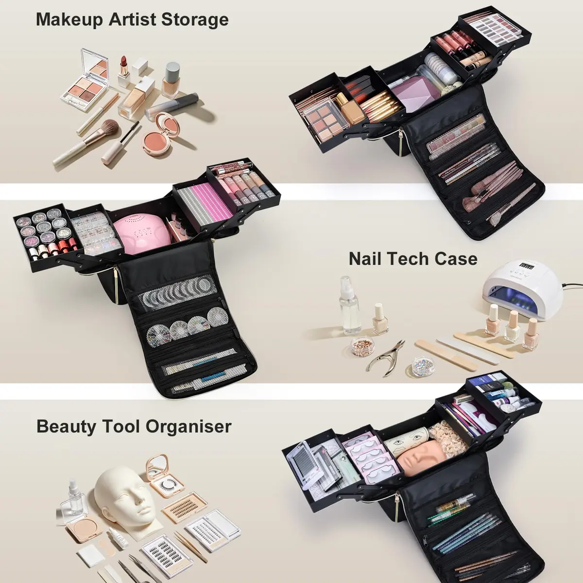 Yueieoun Large Travel Makeup Train Case, 4 Tier Cosmetic Organizer, Black | Professional Makeup & Nail Art Storage - view 2