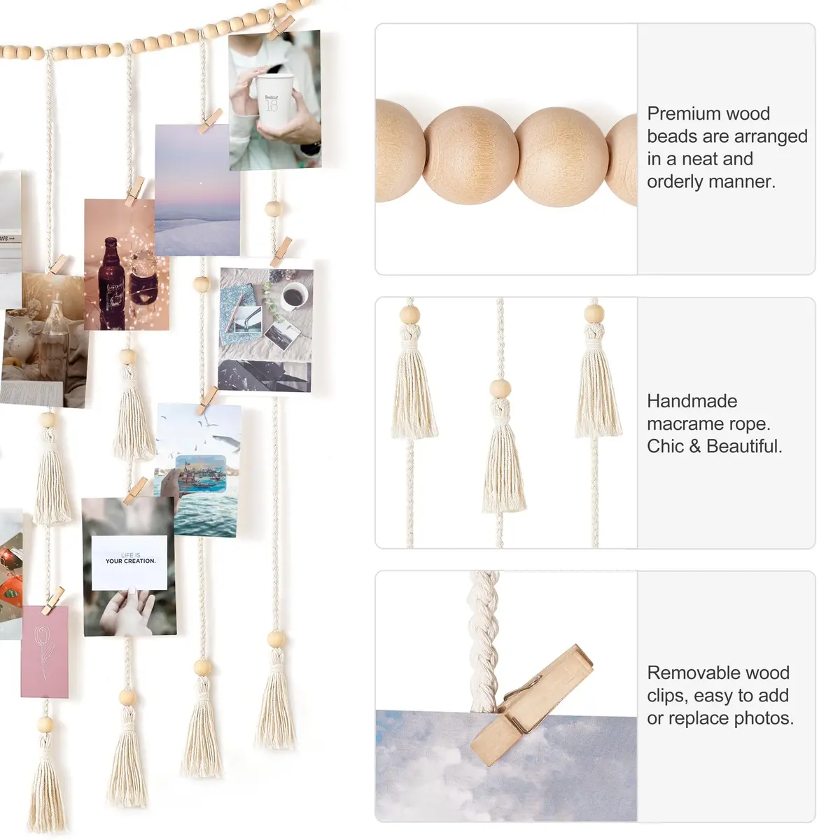 Mkono Hanging Photo Display, Boho Decor with String Lights, 30 Wood Clips | Bohemian Wall Art for Bedroom & Living Room - view 5