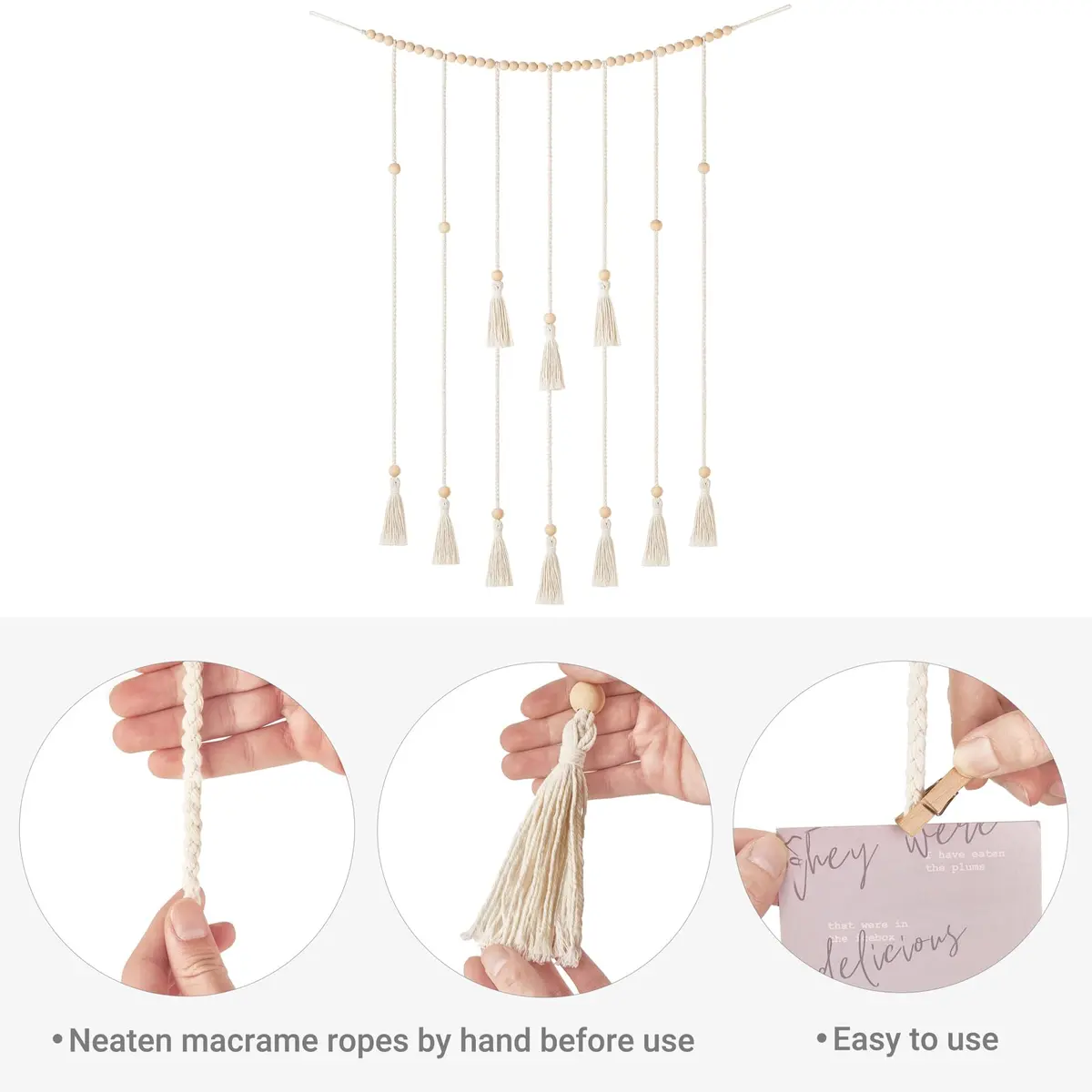 Mkono Hanging Photo Display, Boho Decor with String Lights, 30 Wood Clips | Bohemian Wall Art for Bedroom & Living Room - view 6