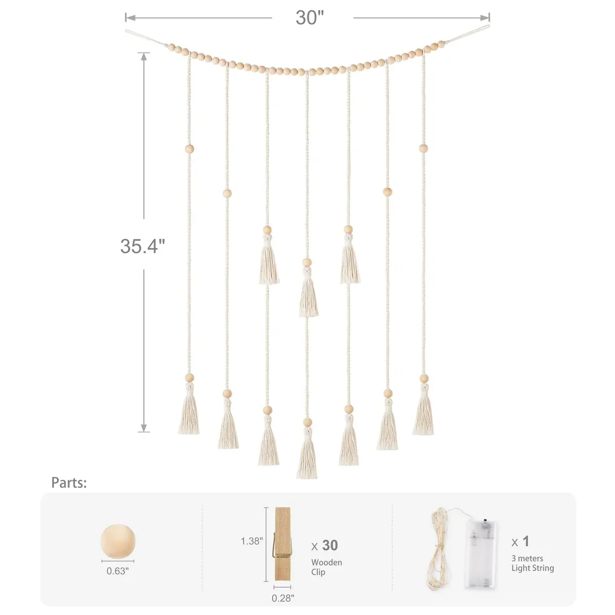 Mkono Hanging Photo Display, Boho Decor with String Lights, 30 Wood Clips | Bohemian Wall Art for Bedroom & Living Room - view 7