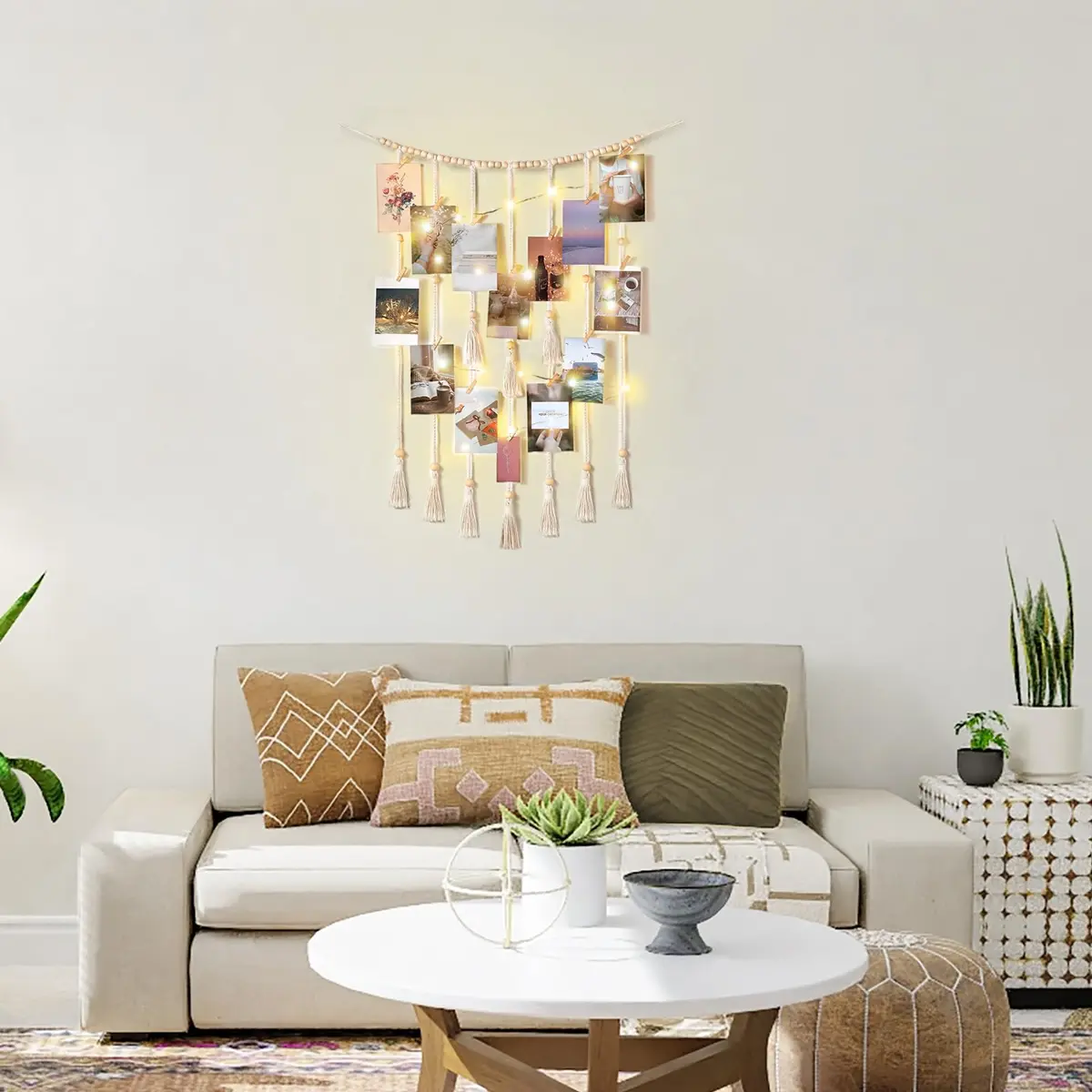 Mkono Hanging Photo Display, Boho Decor with String Lights, 30 Wood Clips | Bohemian Wall Art for Bedroom & Living Room - view 2