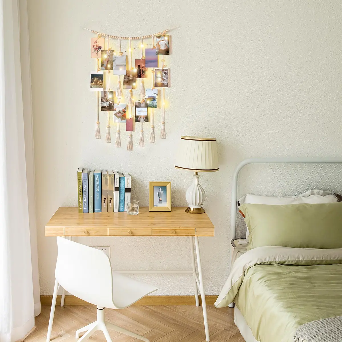 Mkono Hanging Photo Display, Boho Decor with String Lights, 30 Wood Clips | Bohemian Wall Art for Bedroom & Living Room - view 3