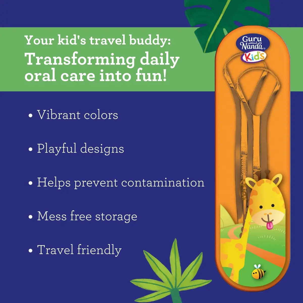 GuruNanda Kids Tongue Scraper 2-Pack | Stainless Steel, Travel Case, Kid-Friendly Design - view 3