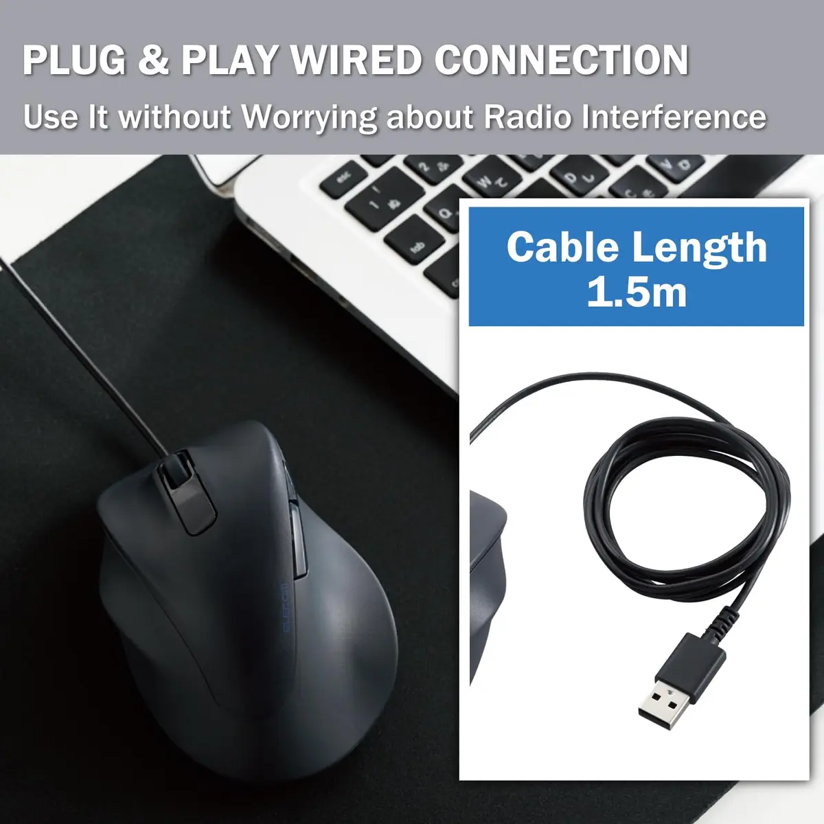 ELECOM Left Hand Wired USB Ergonomic Mouse, Silent Click, 2000DPI, 5 Buttons, BlueLED, Lsize Black (M-XGL31UBSKBK) - view 9