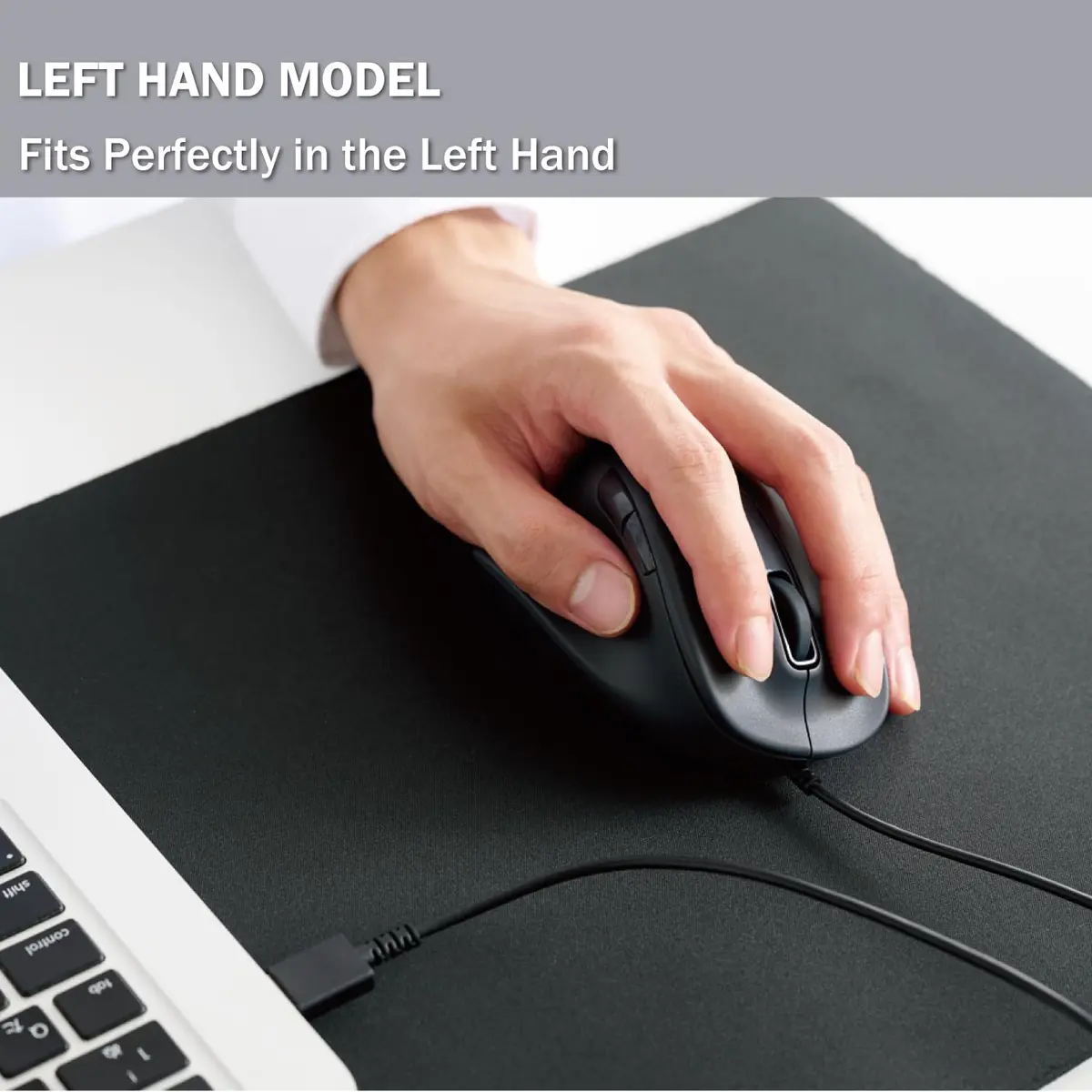 ELECOM Left Hand Wired USB Ergonomic Mouse, Silent Click, 2000DPI, 5 Buttons, BlueLED, Lsize Black (M-XGL31UBSKBK) - view 2