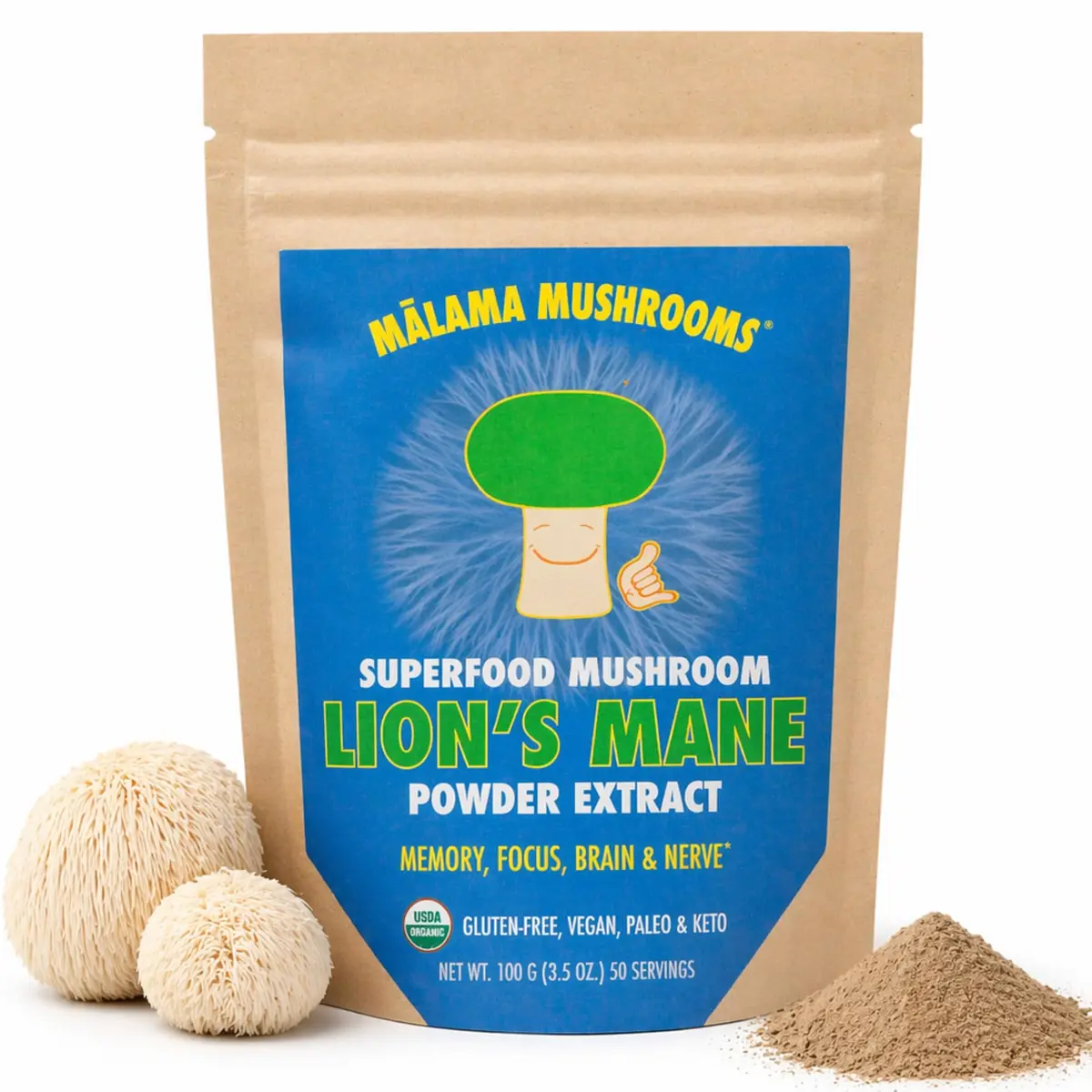 Malama Organic Lions Mane Mushroom Extract Powder, 3.5 oz | Supports Memory & Focus - main product image
