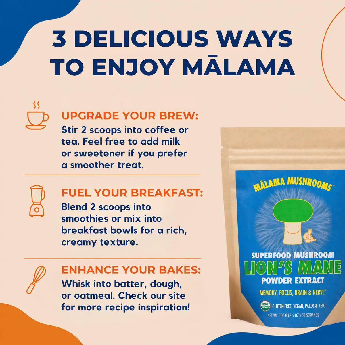 Malama Organic Lions Mane Mushroom Extract Powder, 3.5 oz | Supports Memory & Focus - view 5
