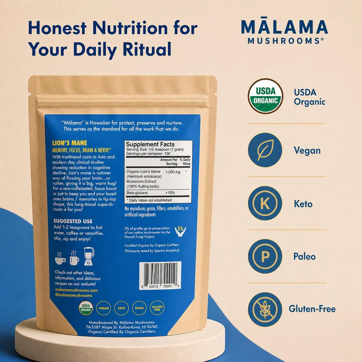 Malama Organic Lions Mane Mushroom Extract Powder, 3.5 oz | Supports Memory & Focus - view 2