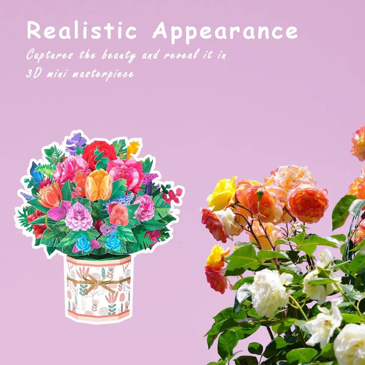 ROBBEAR Rose Carnation Pop Up Card 23cm (8.7") x 19cm (7.1") | Handmade 3D Flower Bouquet Greeting Card for Any Occasion - view 6