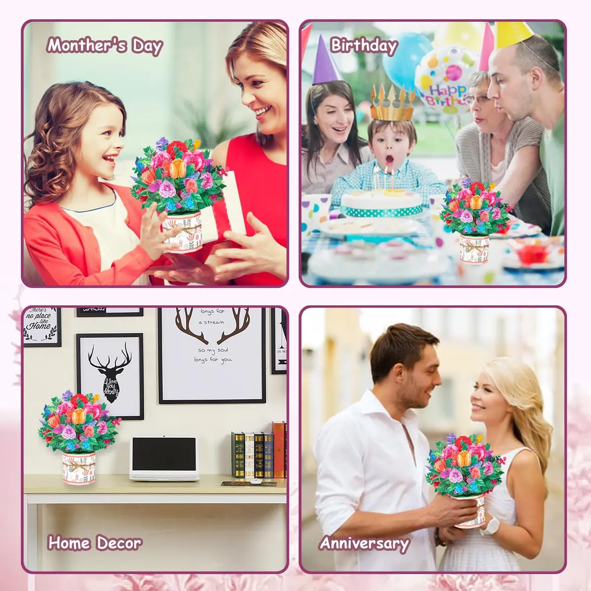 ROBBEAR Rose Carnation Pop Up Card 23cm (8.7") x 19cm (7.1") | Handmade 3D Flower Bouquet Greeting Card for Any Occasion - view 8