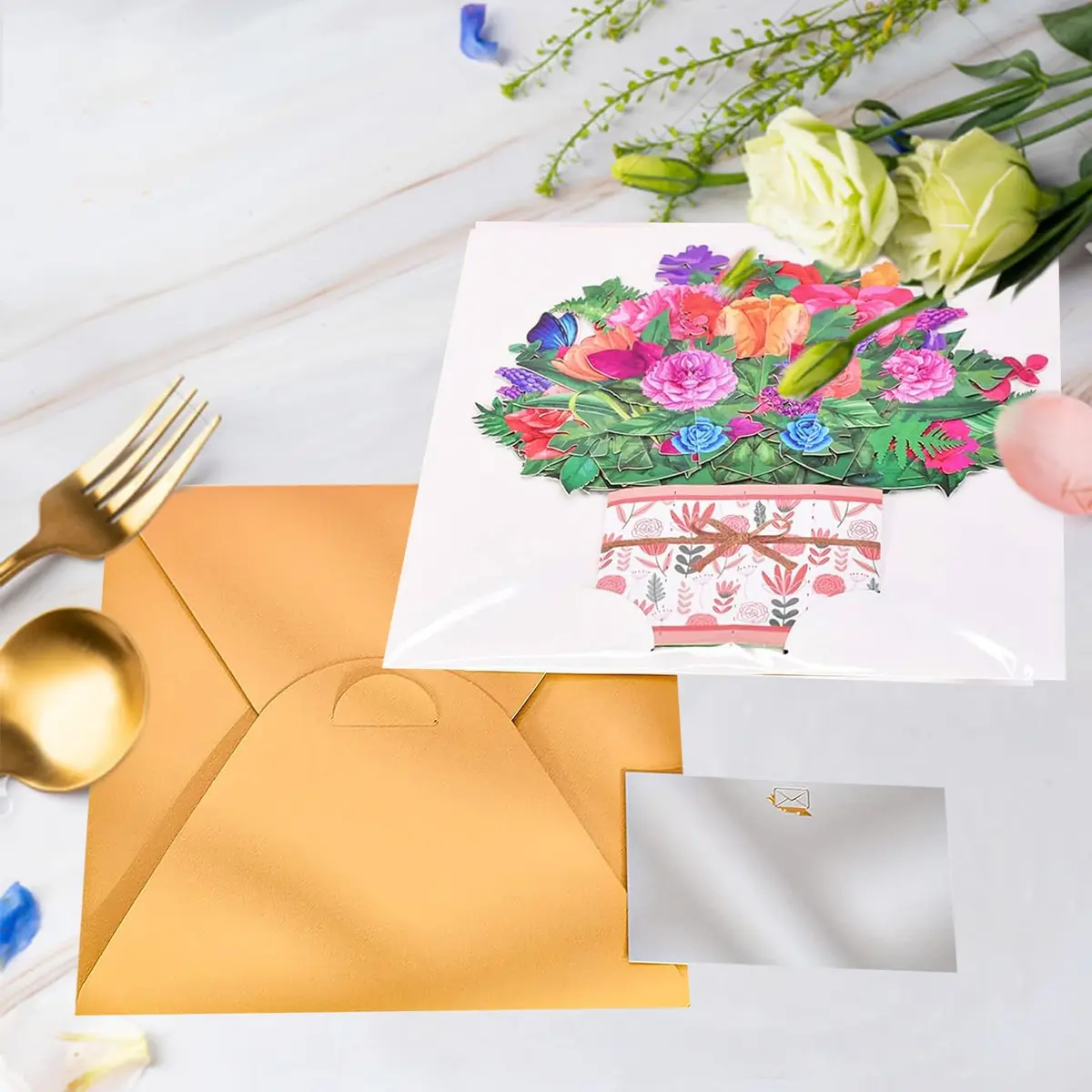 ROBBEAR Rose Carnation Pop Up Card 23cm (8.7") x 19cm (7.1") | Handmade 3D Flower Bouquet Greeting Card for Any Occasion - view 3