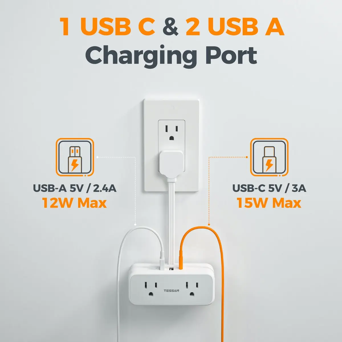 TESSAN Power Strip 0.5Ft Grey | 7-in-1 Surge Protector with USB Ports - view 7