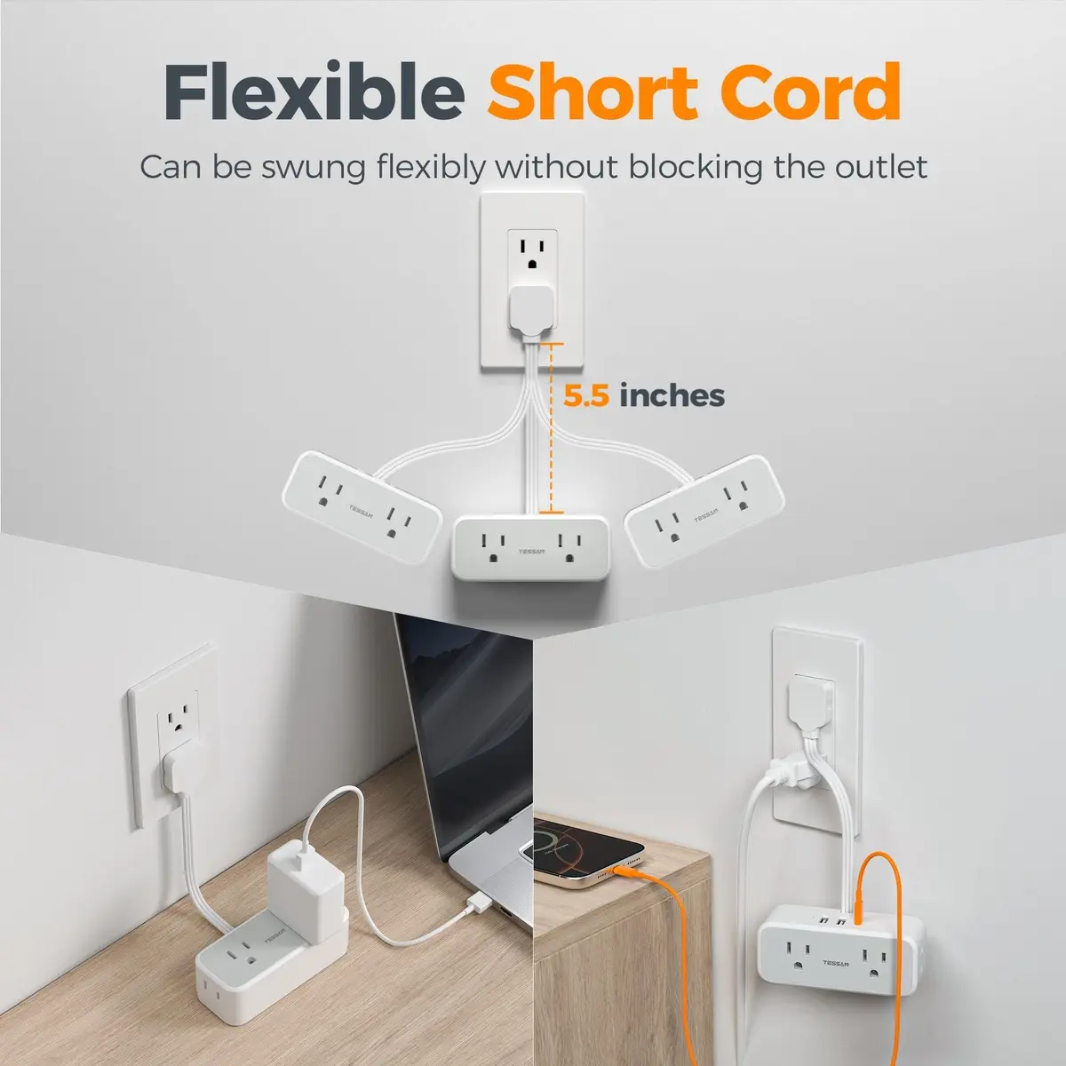 TESSAN Power Strip 0.5Ft Grey | 7-in-1 Surge Protector with USB Ports - view 2