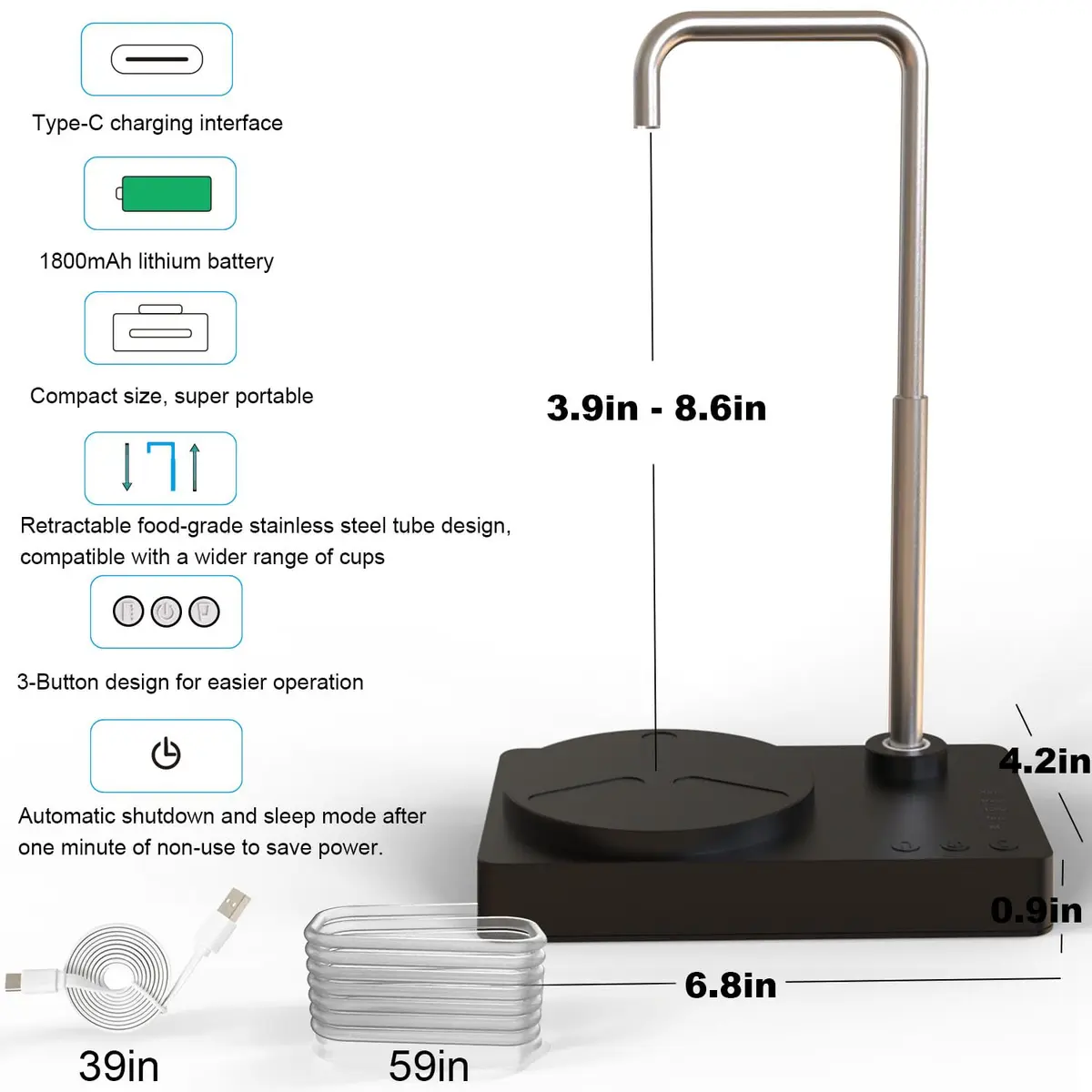 DeiryuRay Water Dispenser Intelligent Desktop Portable 1800mAh Battery | Adjustable Spout & Auto Memory - view 2