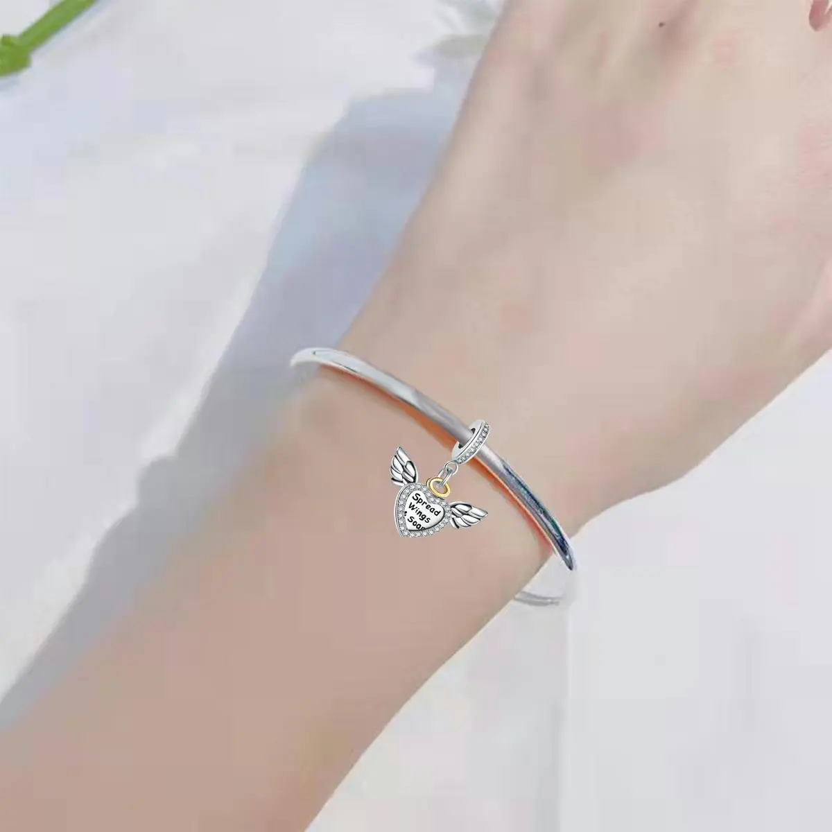 NARTGO Spread Wings and Soar Angel Heart Charm with Lobster Clasp, Silver Plated Copper, 4.5mm-5.0mm Hole Diameter | Compatible with Pandora Bracelets - view 5