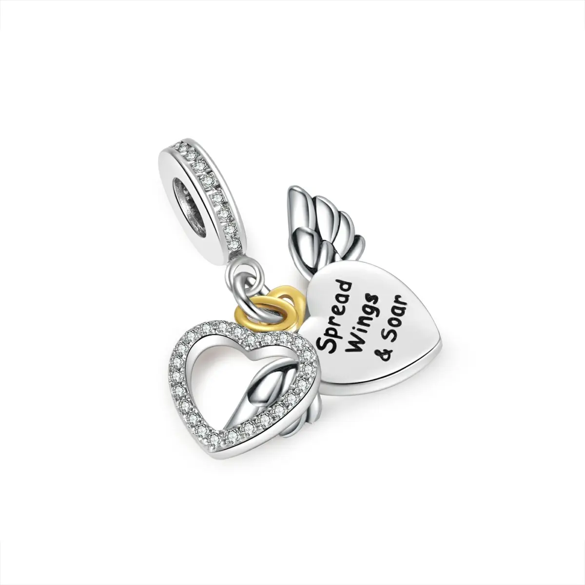 NARTGO Spread Wings and Soar Angel Heart Charm with Lobster Clasp, Silver Plated Copper, 4.5mm-5.0mm Hole Diameter | Compatible with Pandora Bracelets - view 2