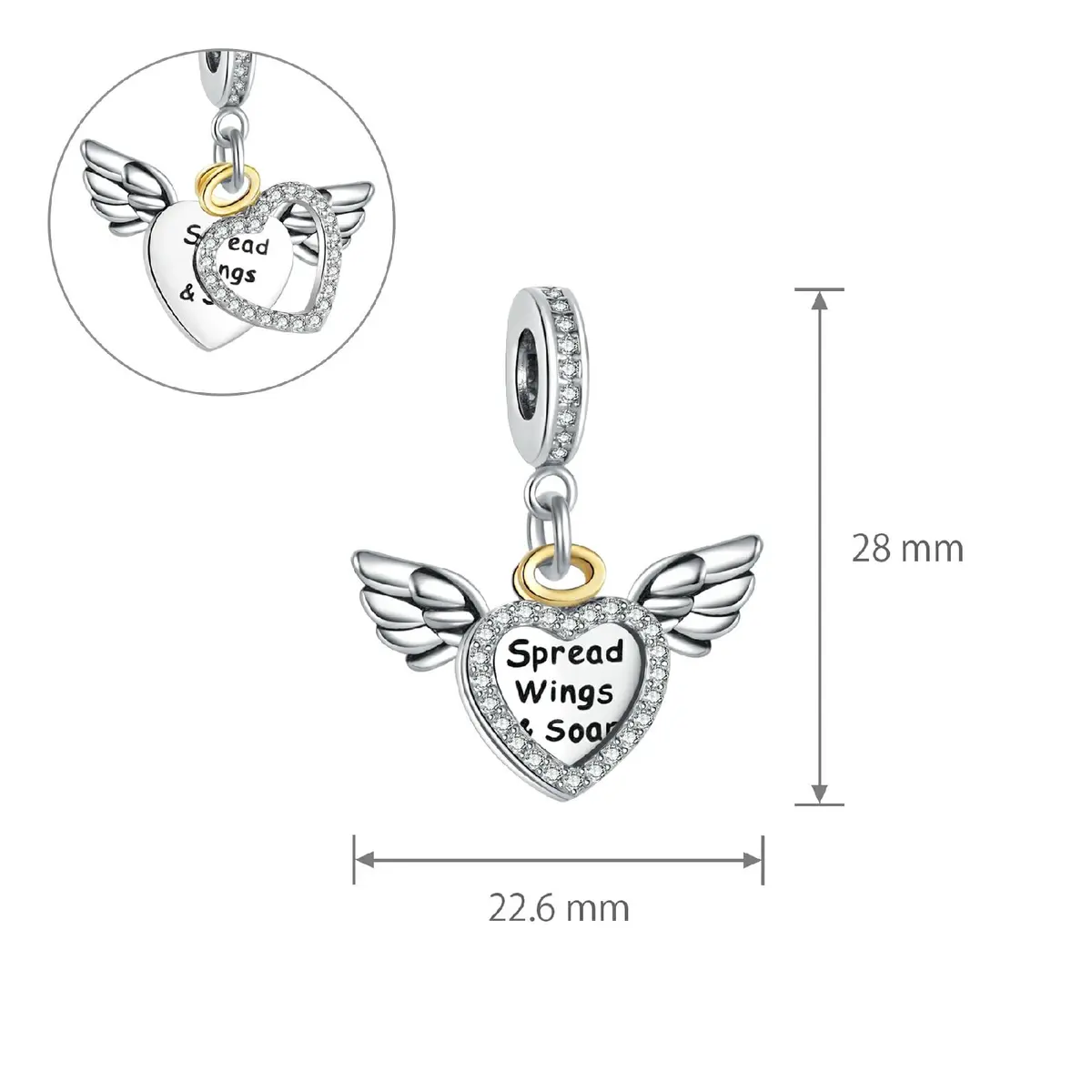NARTGO Spread Wings and Soar Angel Heart Charm with Lobster Clasp, Silver Plated Copper, 4.5mm-5.0mm Hole Diameter | Compatible with Pandora Bracelets - view 3