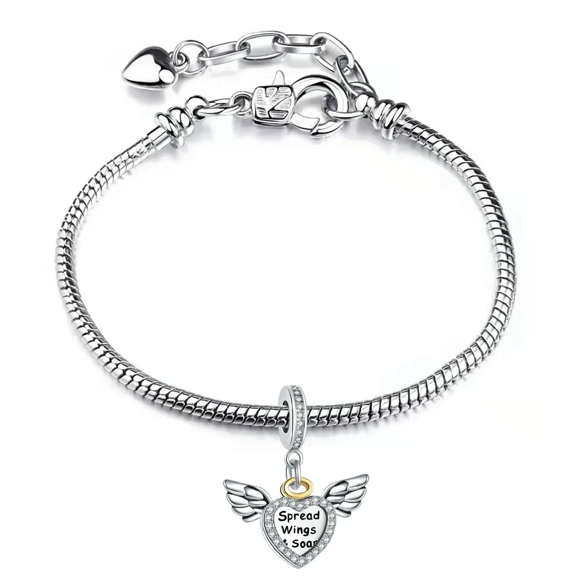 NARTGO Spread Wings and Soar Angel Heart Charm with Lobster Clasp, Silver Plated Copper, 4.5mm-5.0mm Hole Diameter | Compatible with Pandora Bracelets - view 4