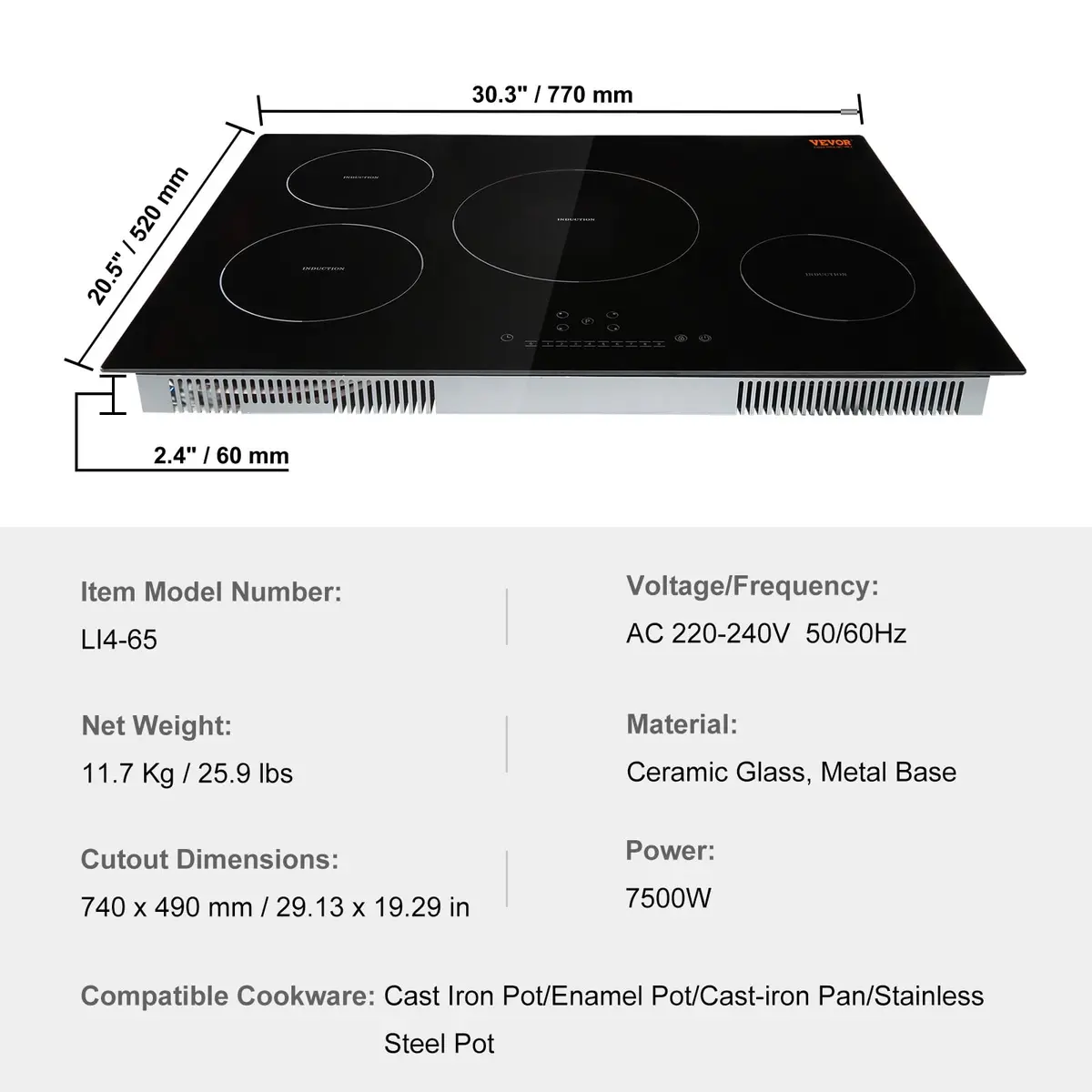 VEVOR Electric Cooktop 30'' 4 Burners | 7500W Induction Stove with Touch Control & Child Lock - view 7