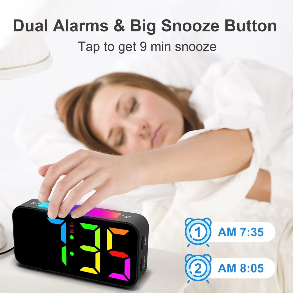 Topski Digital Bedside Alarm Clock with RGB Night Light, 7-inch LED Display, Dual Alarm, Snooze, Brightness Control, Heavy Sleepers Friendly - view 6
