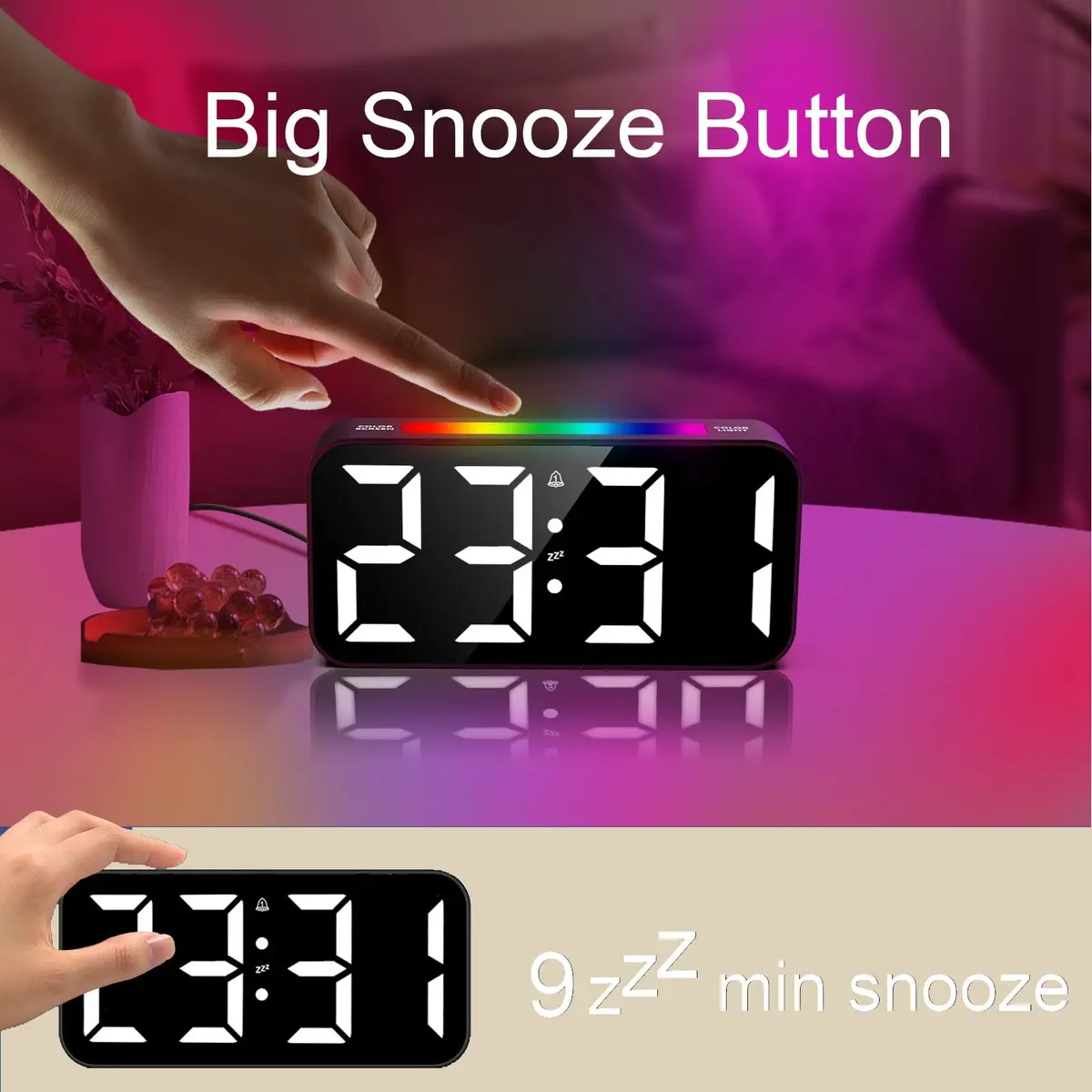 Topski Digital Bedside Alarm Clock with RGB Night Light, 7-inch LED Display, Dual Alarm, Snooze, Brightness Control, Heavy Sleepers Friendly - view 7