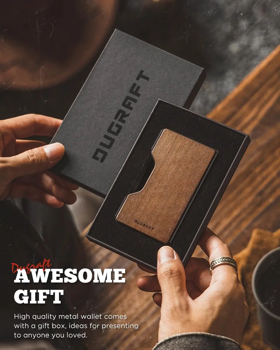 DUGRAFT Minimalist Card Wallet for Men - Slim RFID Blocking Front Pocket Credit Card Holder & Money Clip (Walnut) | Fits 15+ Cards - view 6