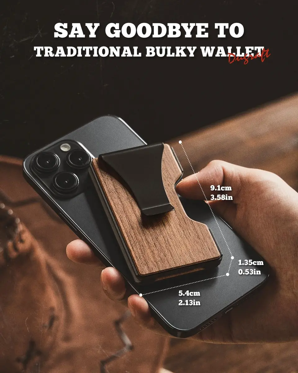 DUGRAFT Minimalist Card Wallet for Men - Slim RFID Blocking Front Pocket Credit Card Holder & Money Clip (Walnut) | Fits 15+ Cards - view 2