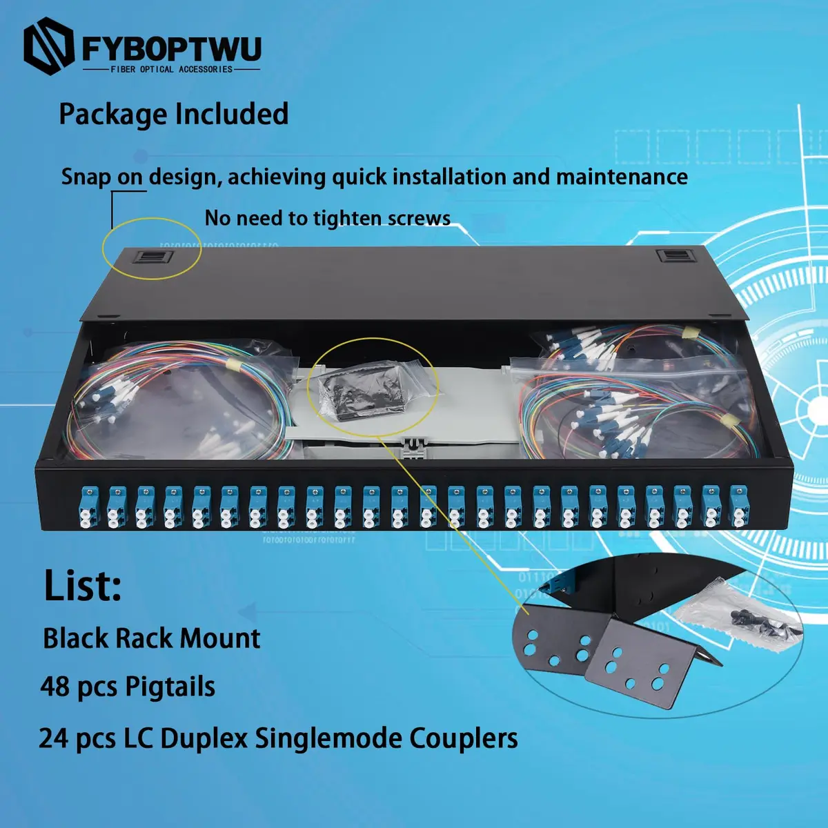 fyboptwu 1-Pack 48 core LC/UPC OS2 Rack Mount Enclosure | 19" Fits, Fiber Optic - view 4