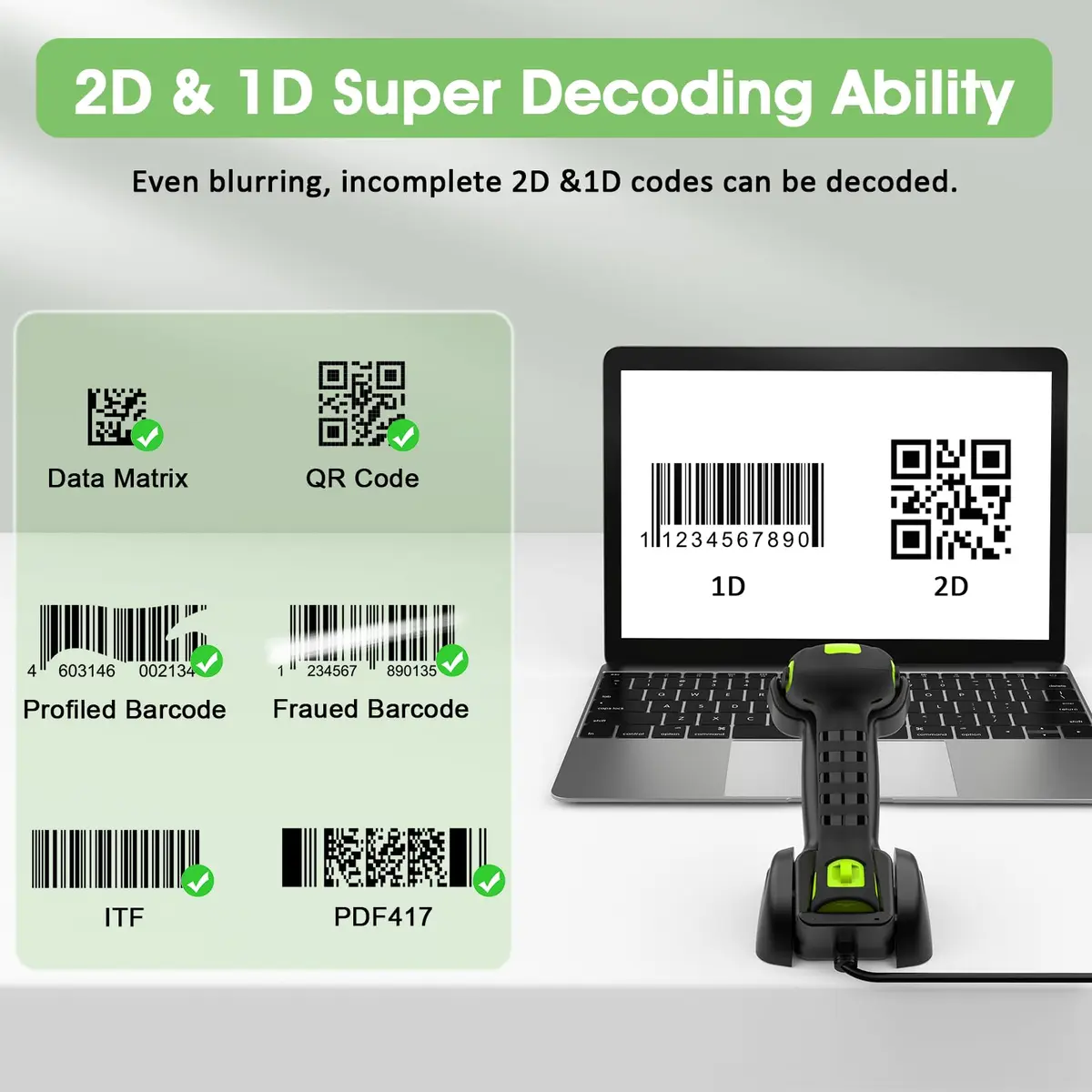 Symcode Bluetooth 2D QR Barcode Scanner with Stand | Waterproof & Dustproof, 30H Battery, Wireless & Wired Connectivity - view 2