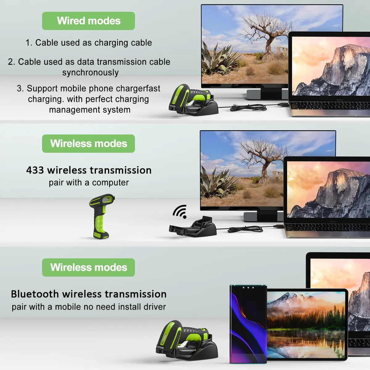 Symcode Bluetooth 2D QR Barcode Scanner with Stand | Waterproof & Dustproof, 30H Battery, Wireless & Wired Connectivity - view 3