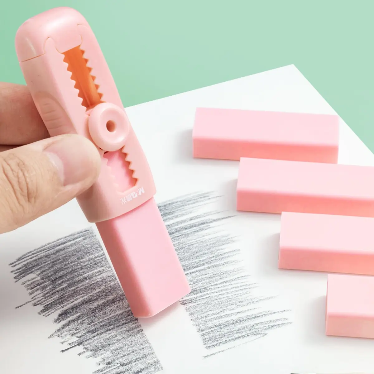 M&G Pink 4+1 Pack Rubber Erasers | Retractable Soft Pink Pencil Erasers for School & Office - view 9