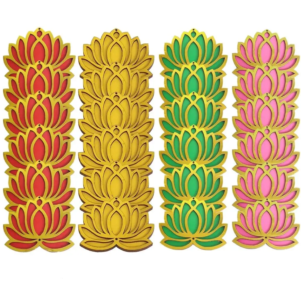 GIFT JAIPUR Multicolor Lotus DIY Cutouts 4 Inch (10.16 cm) | 24 Pc Handcrafted Wooden Decor for Festivals - main product image