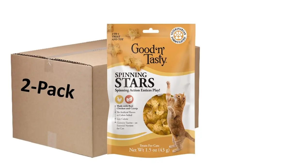 Good ‘N’ Tasty Spinning Stars Cat Treat & Toy 1.5 oz | Interactive, Low Calorie with Real Chicken & Catnip - main product image