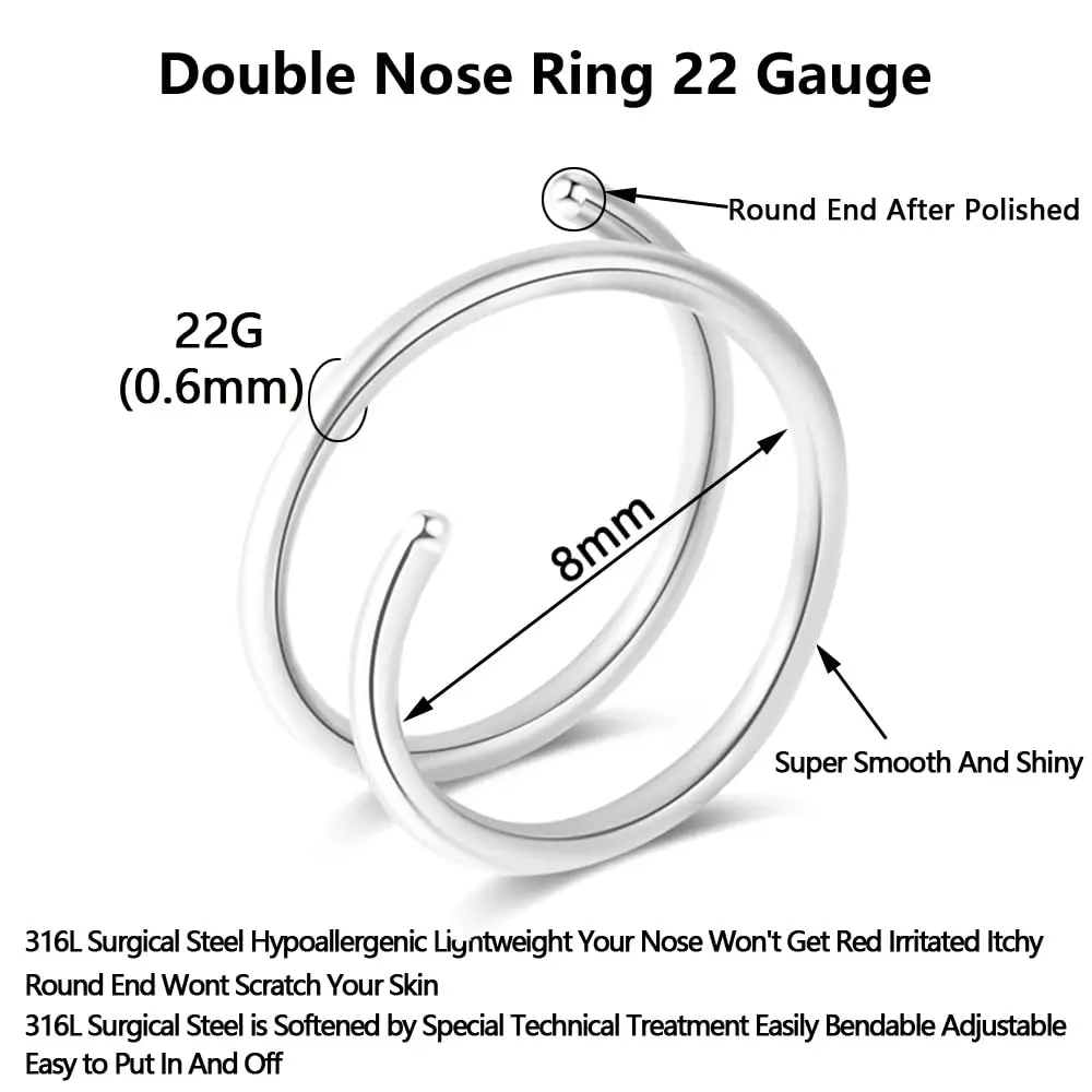 Fzroezz Double Nose Ring Hoop 8mm (0.31" Inner Diameter) | Surgical Steel Piercing Jewelry for Single Piercing - view 2