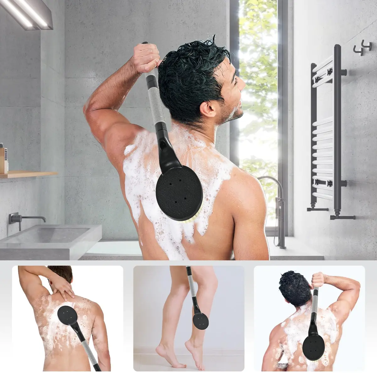 BTideas Detachable Back Bath Brush with Long Handle for Shower, 55cm (21.7") Black | Exfoliates & Cleans Hard-to-Reach Areas - view 4