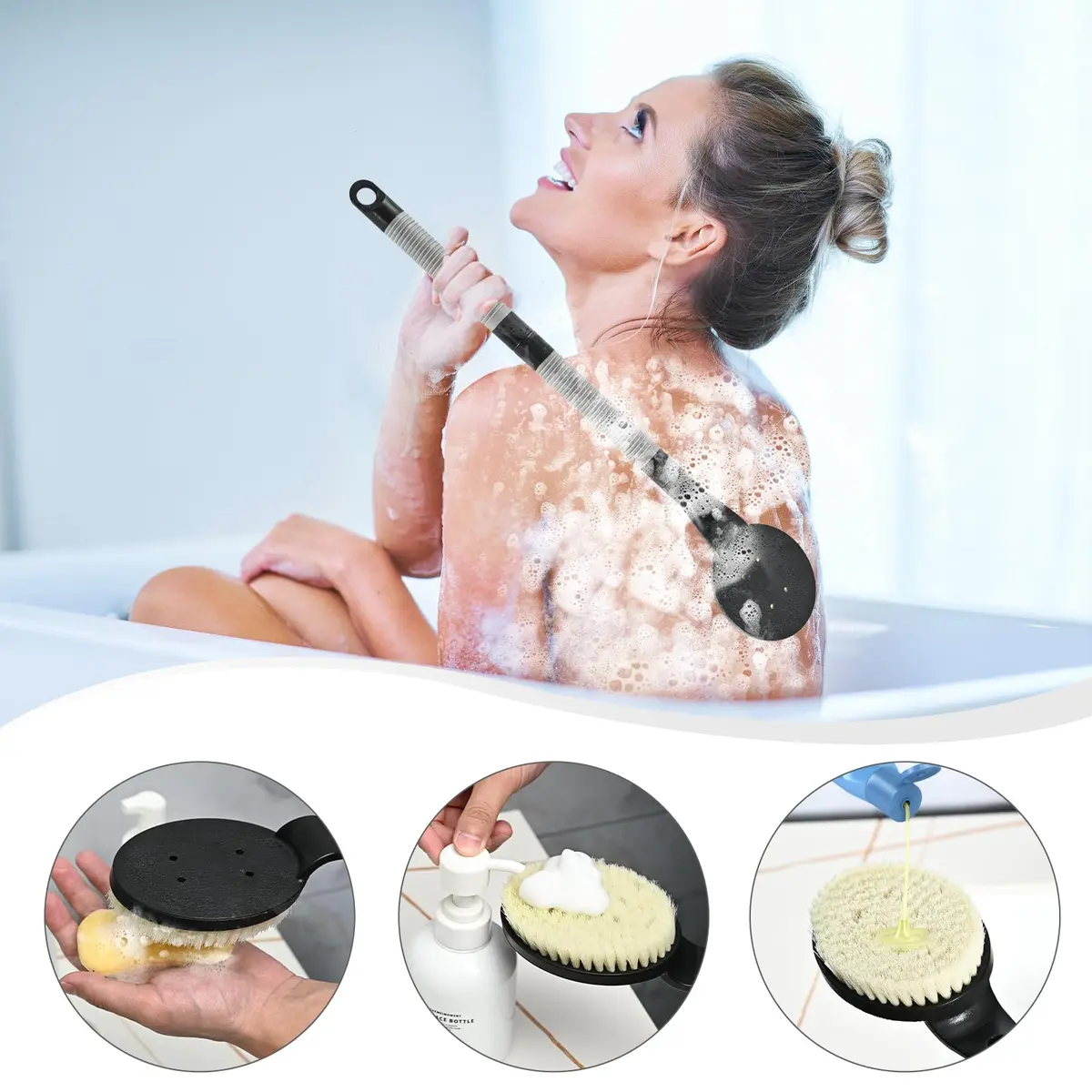 BTideas Detachable Back Bath Brush with Long Handle for Shower, 55cm (21.7") Black | Exfoliates & Cleans Hard-to-Reach Areas - view 5