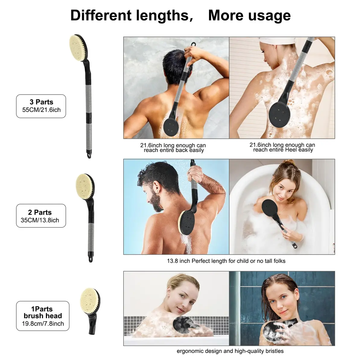 BTideas Detachable Back Bath Brush with Long Handle for Shower, 55cm (21.7") Black | Exfoliates & Cleans Hard-to-Reach Areas - view 6