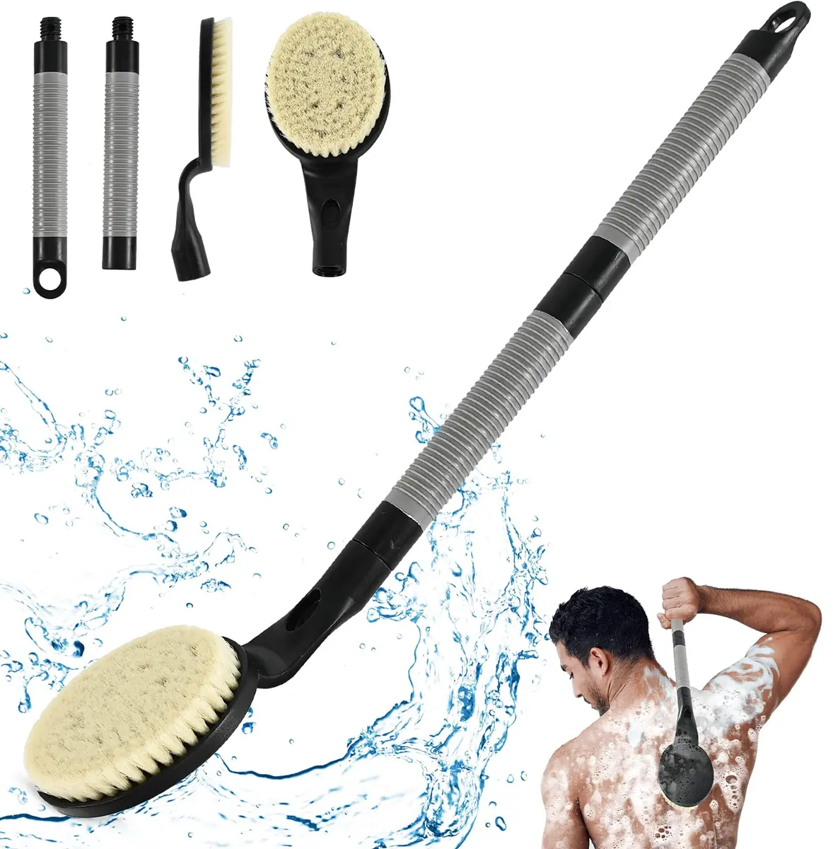 BTideas Detachable Back Bath Brush with Long Handle for Shower, 55cm (21.7") Black | Exfoliates & Cleans Hard-to-Reach Areas - main product image