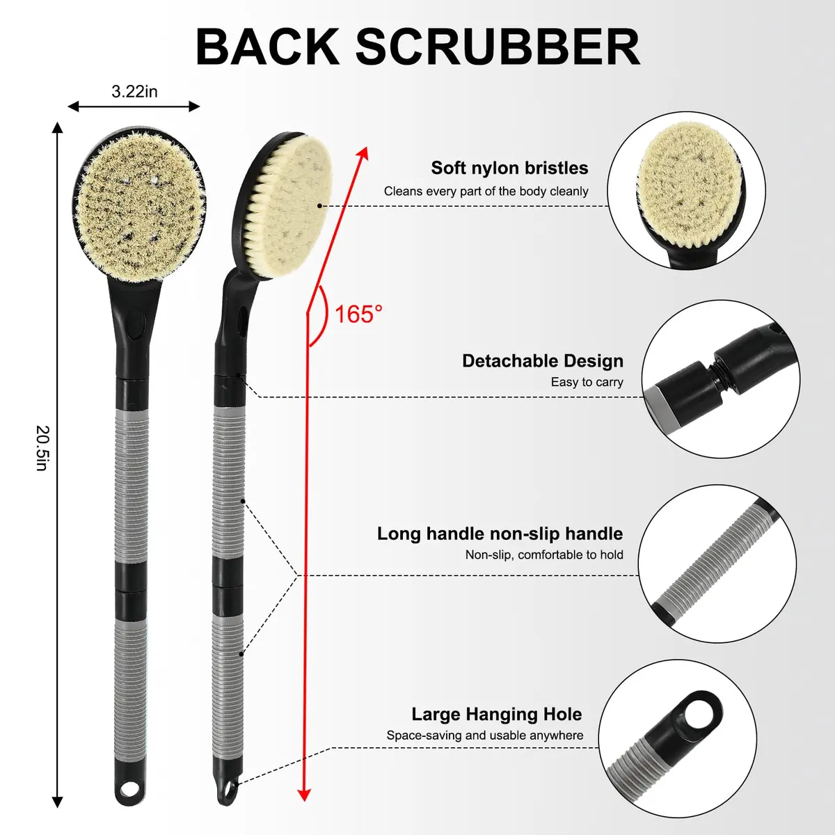 BTideas Detachable Back Bath Brush with Long Handle for Shower, 55cm (21.7") Black | Exfoliates & Cleans Hard-to-Reach Areas - view 2