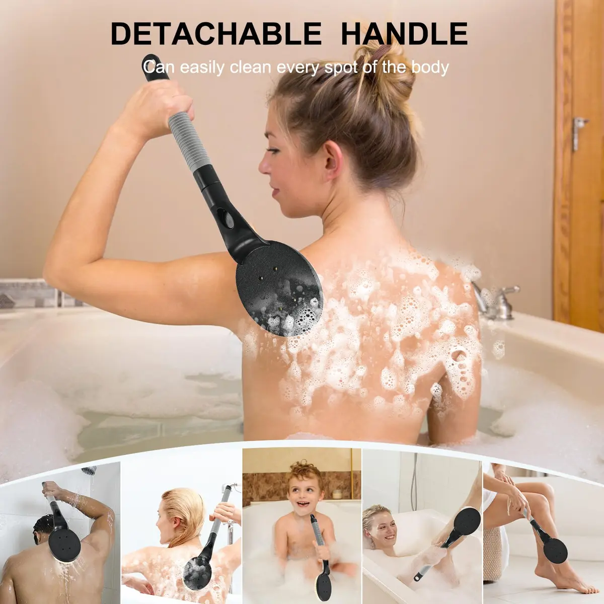 BTideas Detachable Back Bath Brush with Long Handle for Shower, 55cm (21.7") Black | Exfoliates & Cleans Hard-to-Reach Areas - view 3