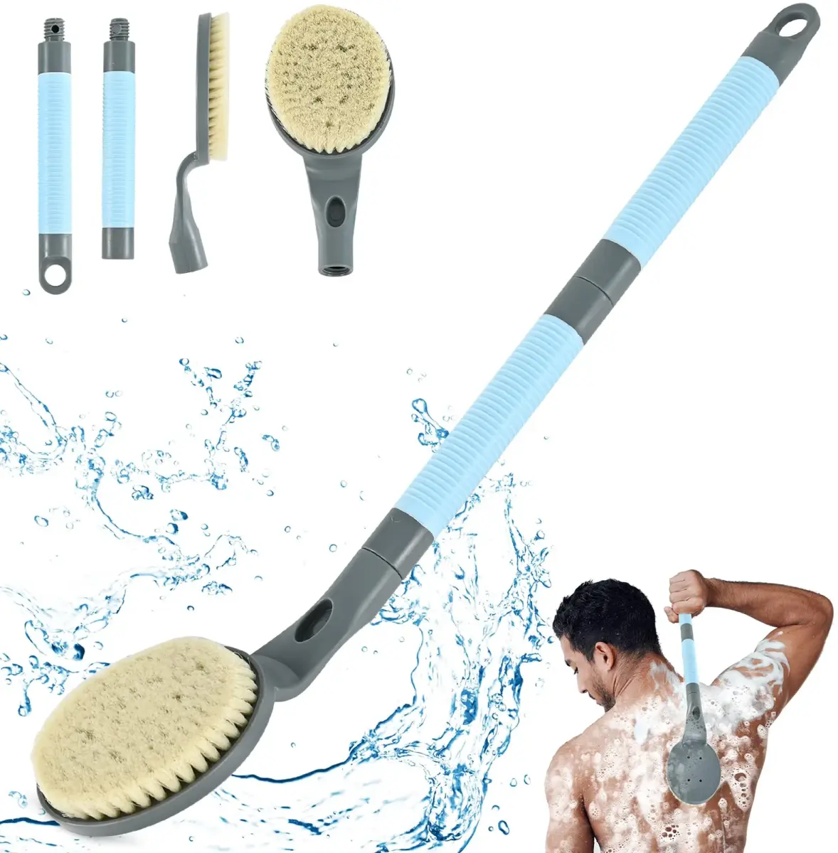 BTideas Detachable Back Bath Brush 55cm (21.7”) Grey | Long Handle for Shower Exfoliation & Limited Mobility - main product image
